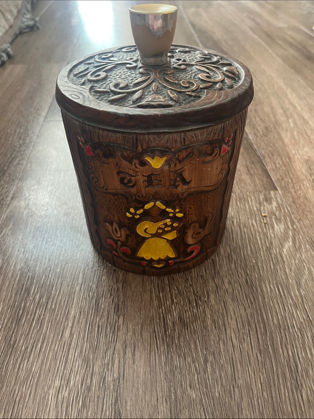 Vintage Treasure Craft Hand-Painted faux Wooden ceramic Tea Canister